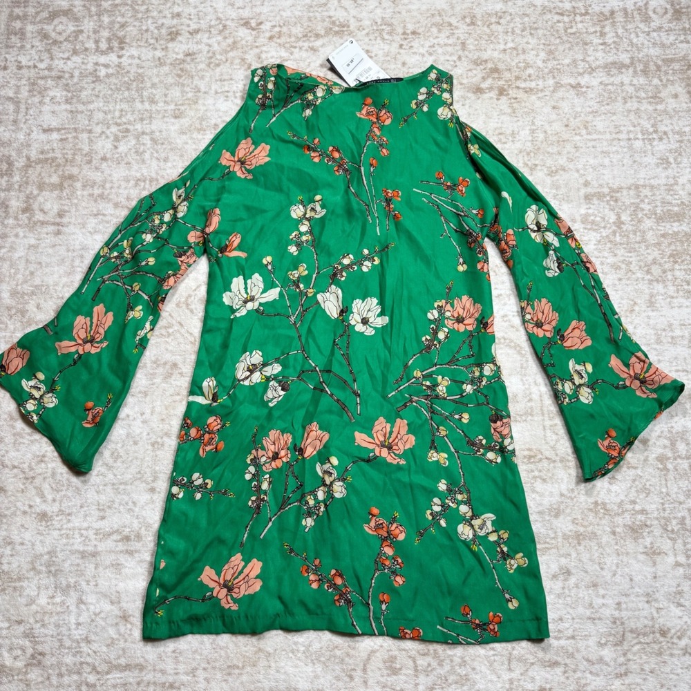 Zara Floral Mini Dress Womens Small Green New Cold Shoulder Bell Sleeve Boho